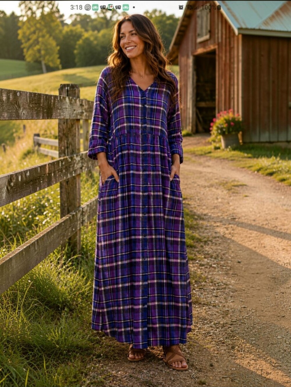 Only Necessities Purple Plaid Cotton Snap Front Maxi Dress Pockets Size 18/20 L